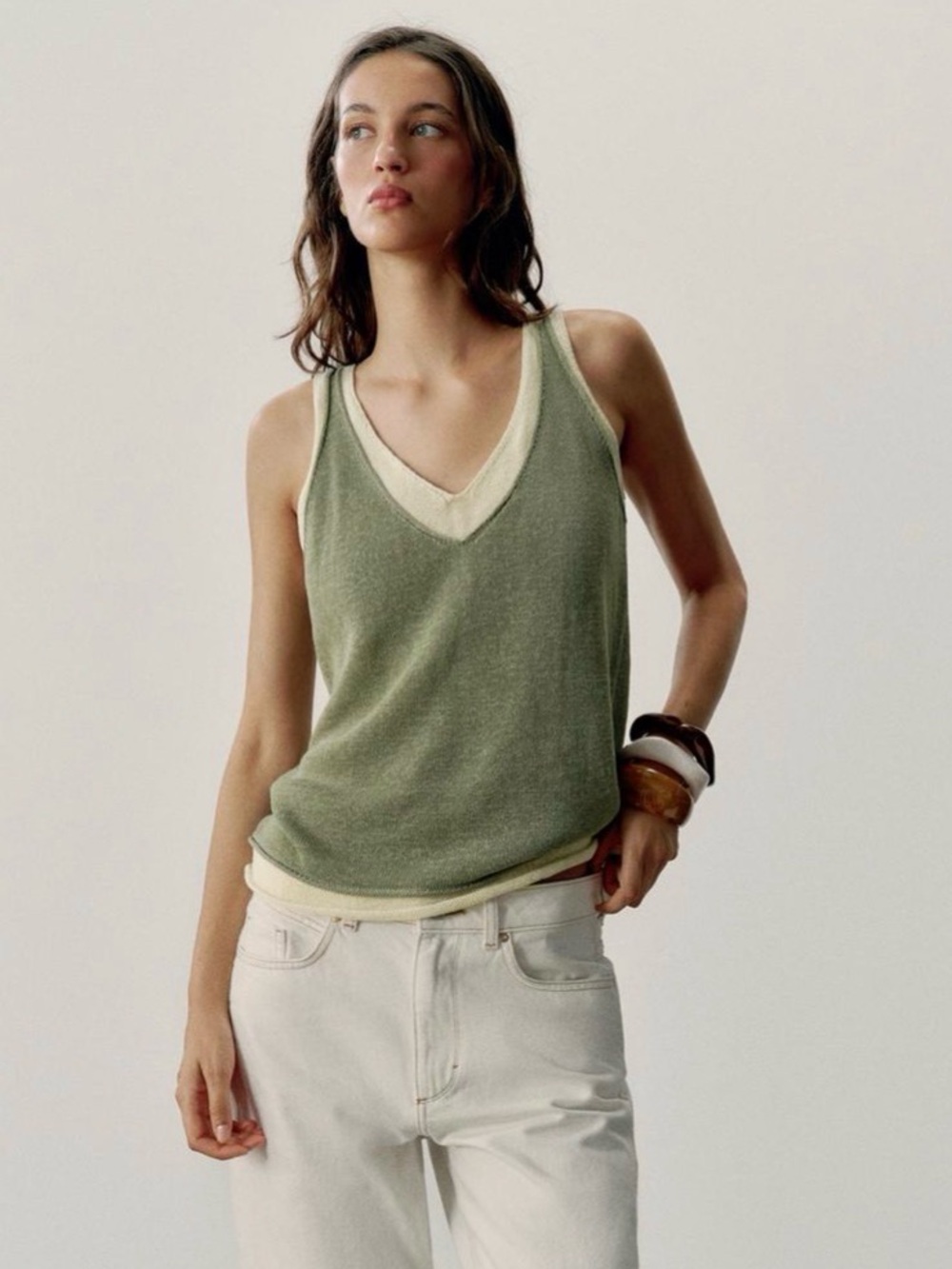 Zara Olive Green Knit V-Neck Tank with Cream Trim